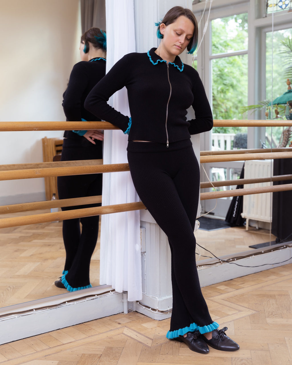 Lise Flared Pants - Black & Turquoise Merino Knit